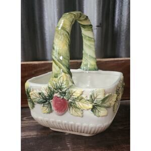 Vintage Takashi San Francisco Ceramic Basket with Strawberries and Leaves